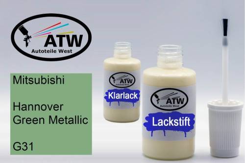 Mitsubishi, Hannover Green Metallic, G31: 20ml Lackstift + 20ml Klarlack - Set, von ATW Autoteile West.